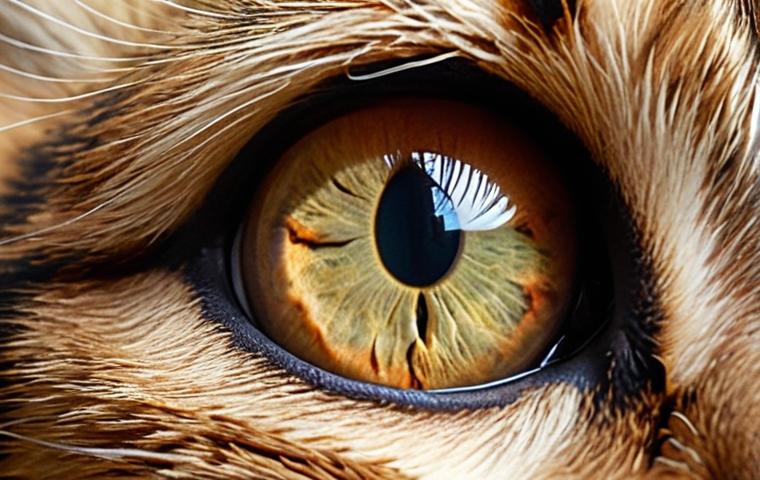 ** A close-up shot of a cat's eye, clearly showing redness, discharge, and discomfort. The cat's fur around the eye should be visible. The background should be blurred to emphasize the eye.
**