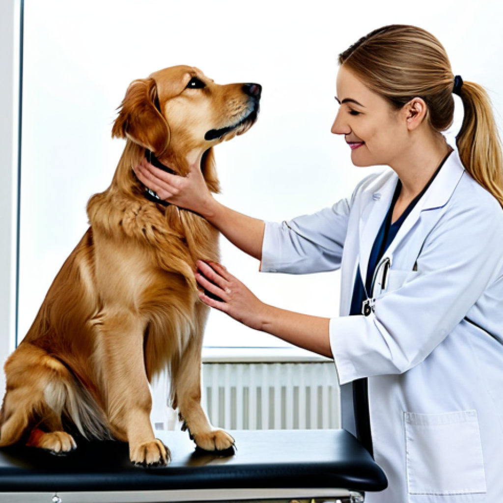 A professional female veterinarian, wearing a modest, clean lab coat, gently examining a well-behaved Golden Retriever on an examination table in a brightly lit, modern veterinary clinic. The environment is calm and sterile. The dog appears healthy and relaxed. Perfect anatomy, correct proportions, natural pose, well-formed hands, proper finger count, natural body proportions. Safe for work, appropriate content, fully clothed, professional photography, high quality, professional.