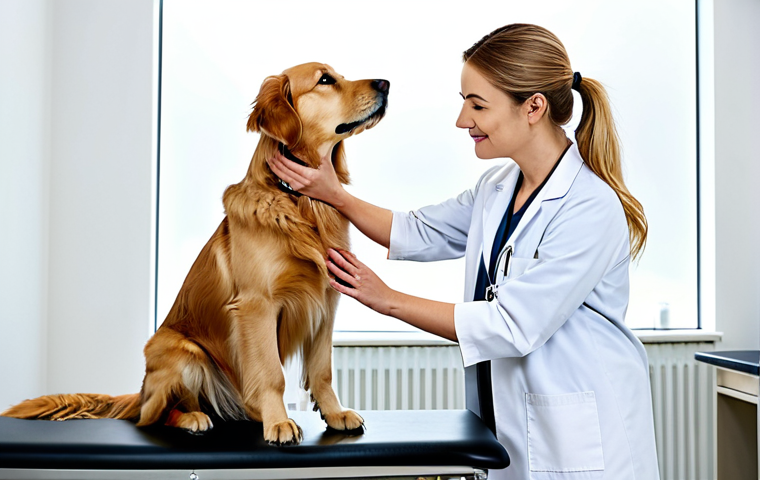 A professional female veterinarian, wearing a modest, clean lab coat, gently examining a well-behaved Golden Retriever on an examination table in a brightly lit, modern veterinary clinic. The environment is calm and sterile. The dog appears healthy and relaxed. Perfect anatomy, correct proportions, natural pose, well-formed hands, proper finger count, natural body proportions. Safe for work, appropriate content, fully clothed, professional photography, high quality, professional.