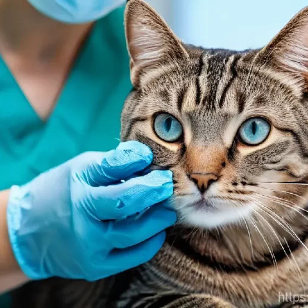 고양이 결막염 예방 방법 - **A gentle veterinary check-up for a cat's eyes.**
A close-up shot of a calm, short-haired tabby...