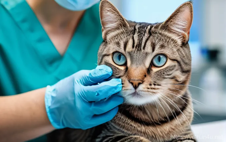 고양이 결막염 예방 방법 - **A gentle veterinary check-up for a cat's eyes.**
A close-up shot of a calm, short-haired tabby...
