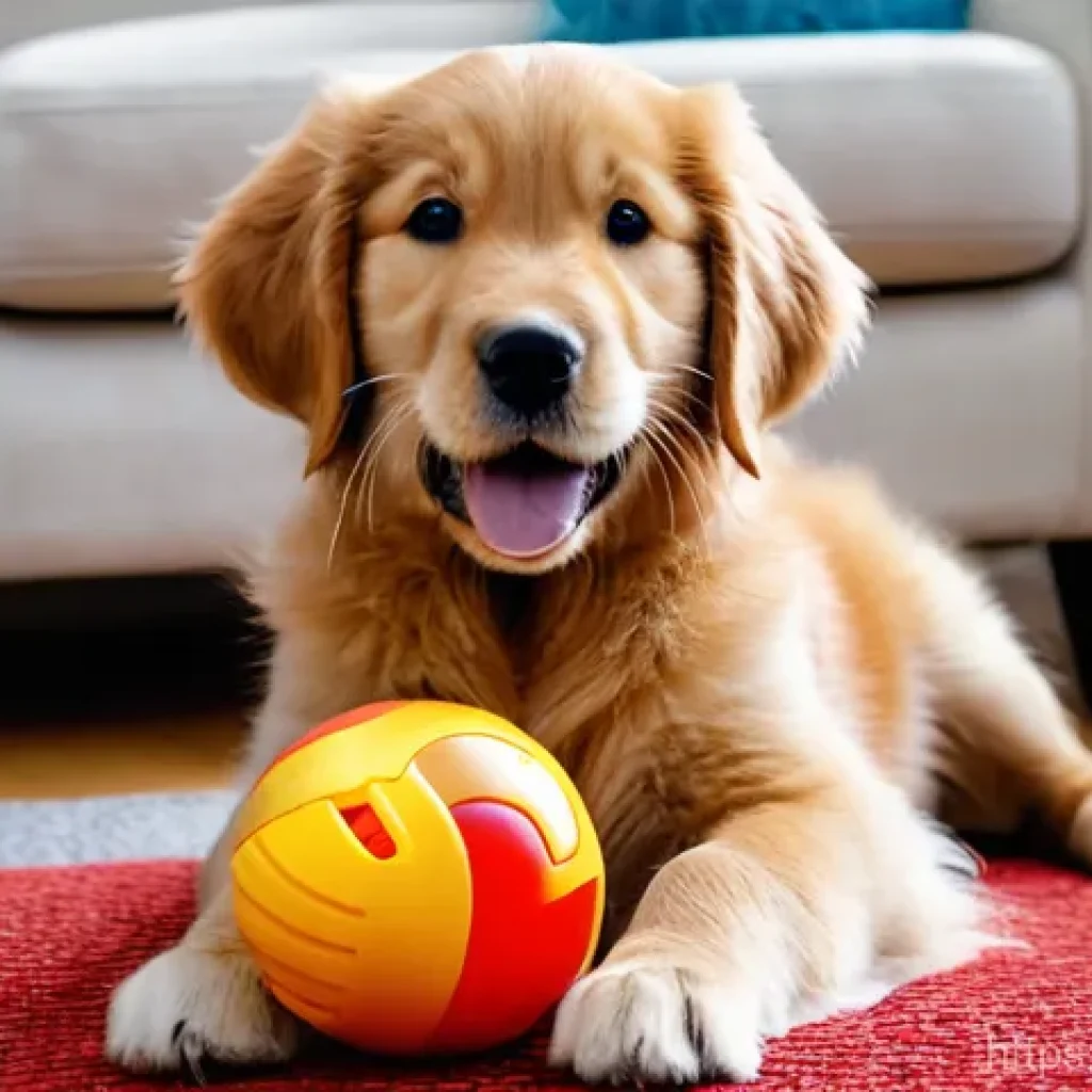이갈이 예방을 위한 강아지 장난감 추천 - A happy, content large Golden Retriever puppy, about 7 months old, with soft, golden fur, is joyfull...