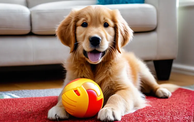 이갈이 예방을 위한 강아지 장난감 추천 - A happy, content large Golden Retriever puppy, about 7 months old, with soft, golden fur, is joyfull...