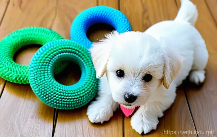 이갈이 예방을 위한 강아지 장난감 추천 - A cute, curious Beagle puppy, approximately 4 months old, with classic tri-color markings, is intent... 이갈이 예방을 위한 강아지 장난감 추천 - A cute, curious Beagle puppy, approximately 4 months old, with classic tri-color markings, is intent...
