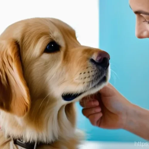 반려동물 정기 예방접종 체크리스트 - A heartwarming scene in a bright, clean veterinary clinic. A gentle female veterinarian, wearing a w...
