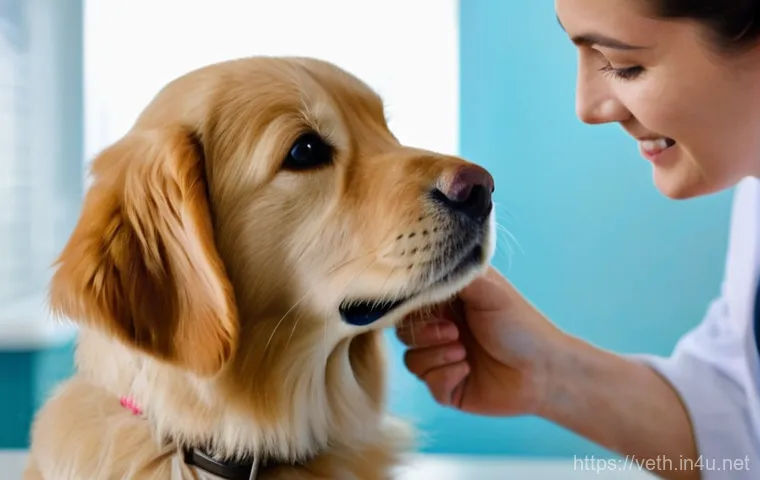 반려동물 정기 예방접종 체크리스트 - A heartwarming scene in a bright, clean veterinary clinic. A gentle female veterinarian, wearing a w...