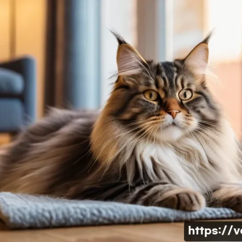 고양이 구토 원인 분석 - A fluffy, long-haired cat, like a Persian or a Maine Coon, is gracefully grooming itself on a soft, ...