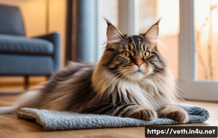 고양이 구토 원인 분석 - A fluffy, long-haired cat, like a Persian or a Maine Coon, is gracefully grooming itself on a soft, ...